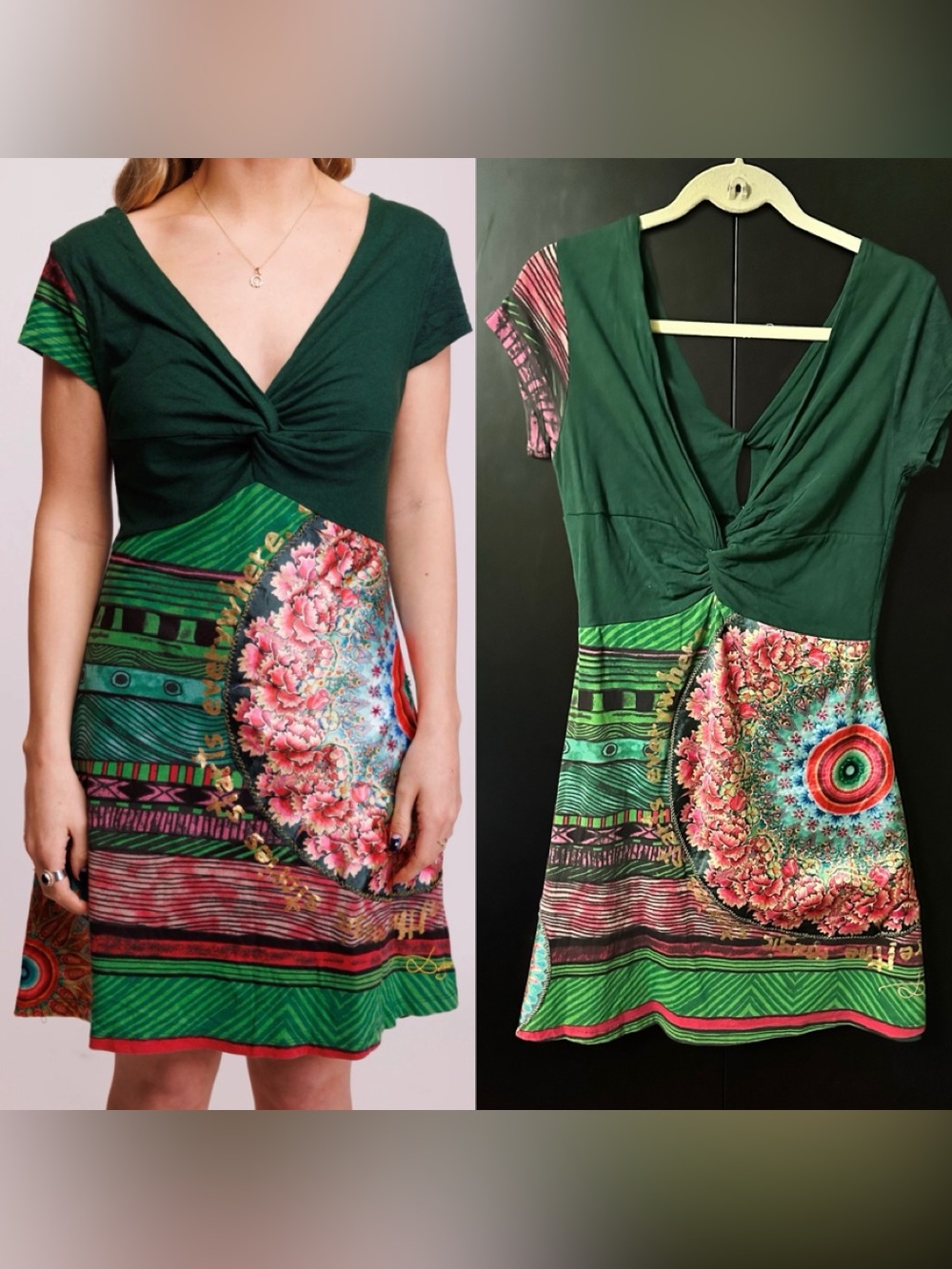 Desigual Green Knot-Front Mini Dress with Floral Medallion L